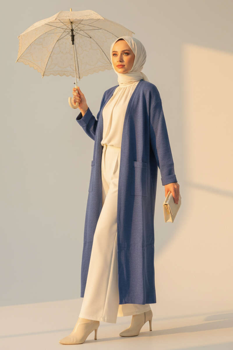 Basic Long Knit Cardigan with Two Pockets - Indigo