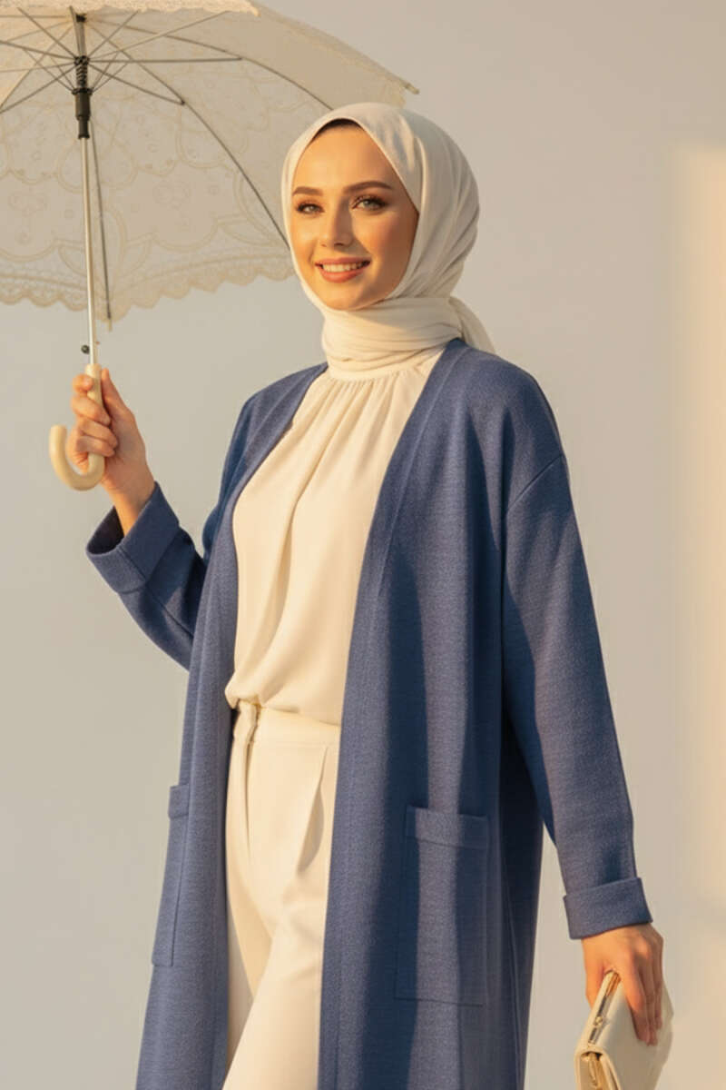 Basic Long Knit Cardigan with Two Pockets - Indigo