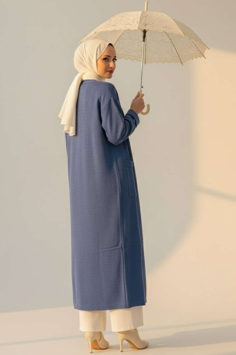 Basic Long Knit Cardigan with Two Pockets - Indigo