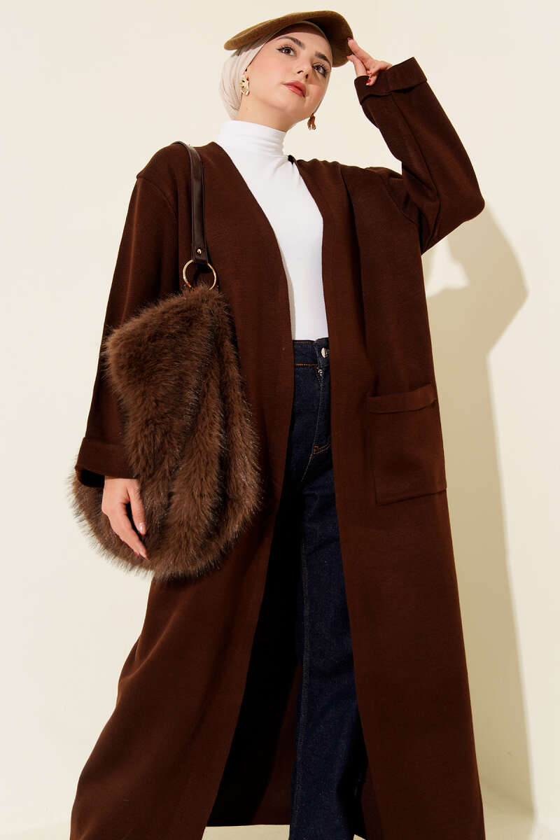 Basic Long Knit Cardigan with Two Pockets - Brown