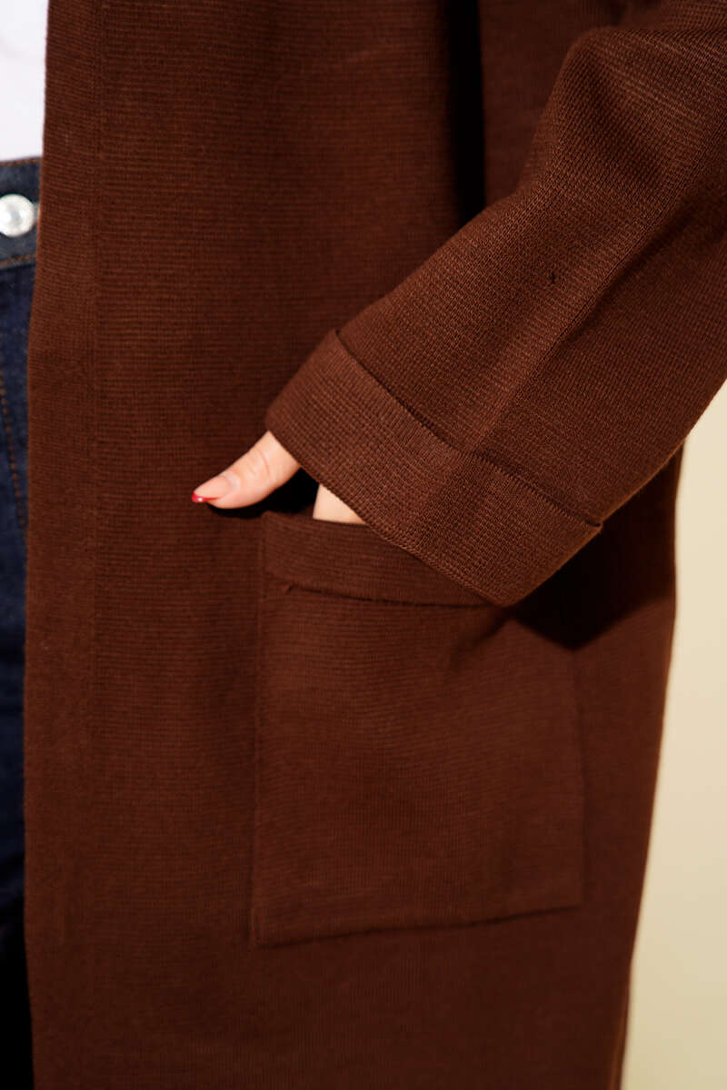 Basic Long Knit Cardigan with Two Pockets - Brown