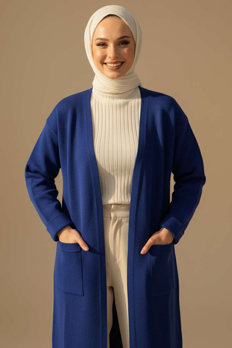 Basic Long Knit Cardigan with Two Pockets - Navy
