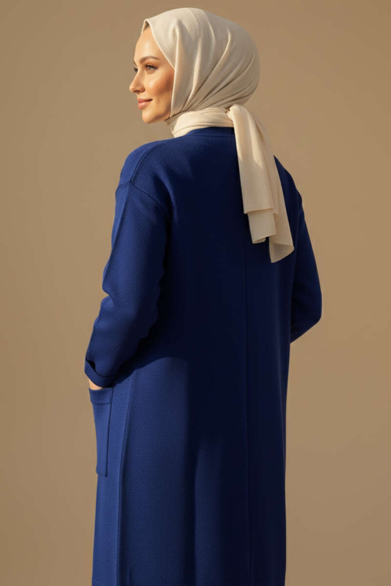 Basic Long Knit Cardigan with Two Pockets - Navy