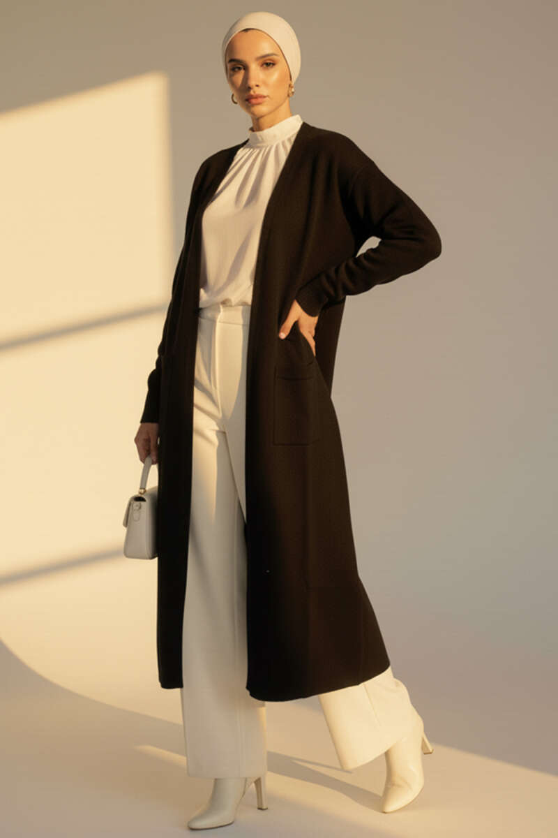 Basic Long Knit Cardigan with Two Pockets - Black