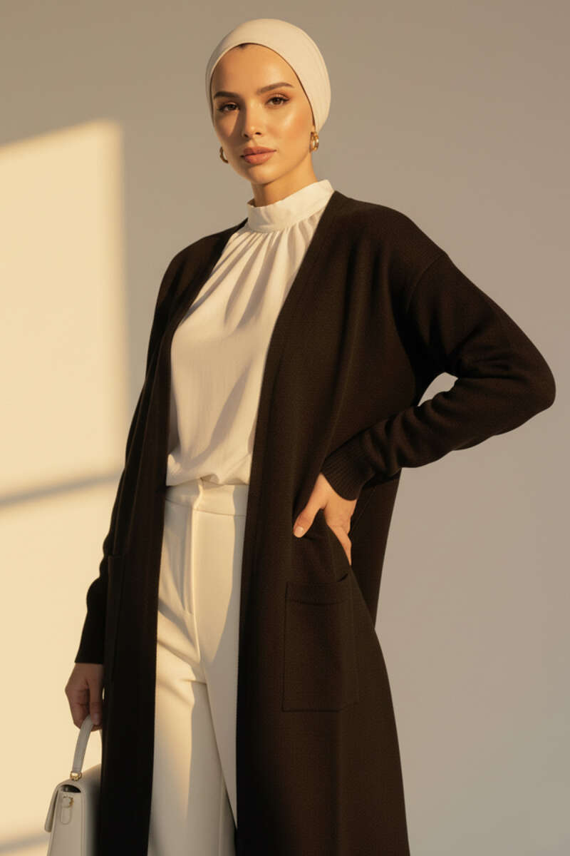 Basic Long Knit Cardigan with Two Pockets - Black
