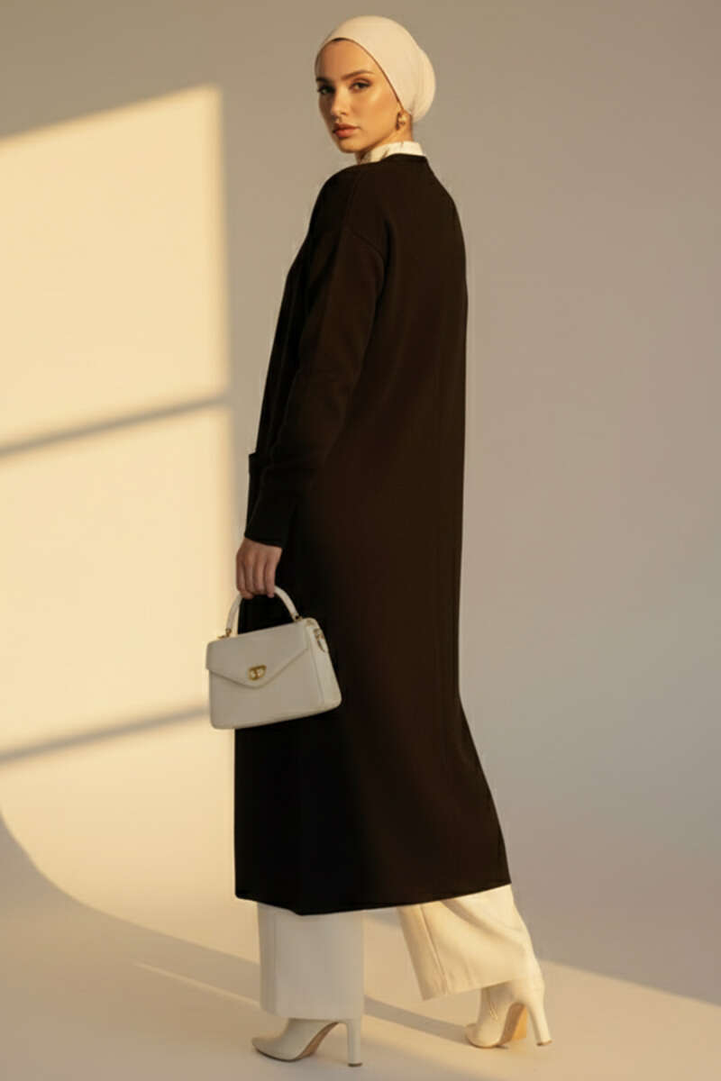 Basic Long Knit Cardigan with Two Pockets - Black