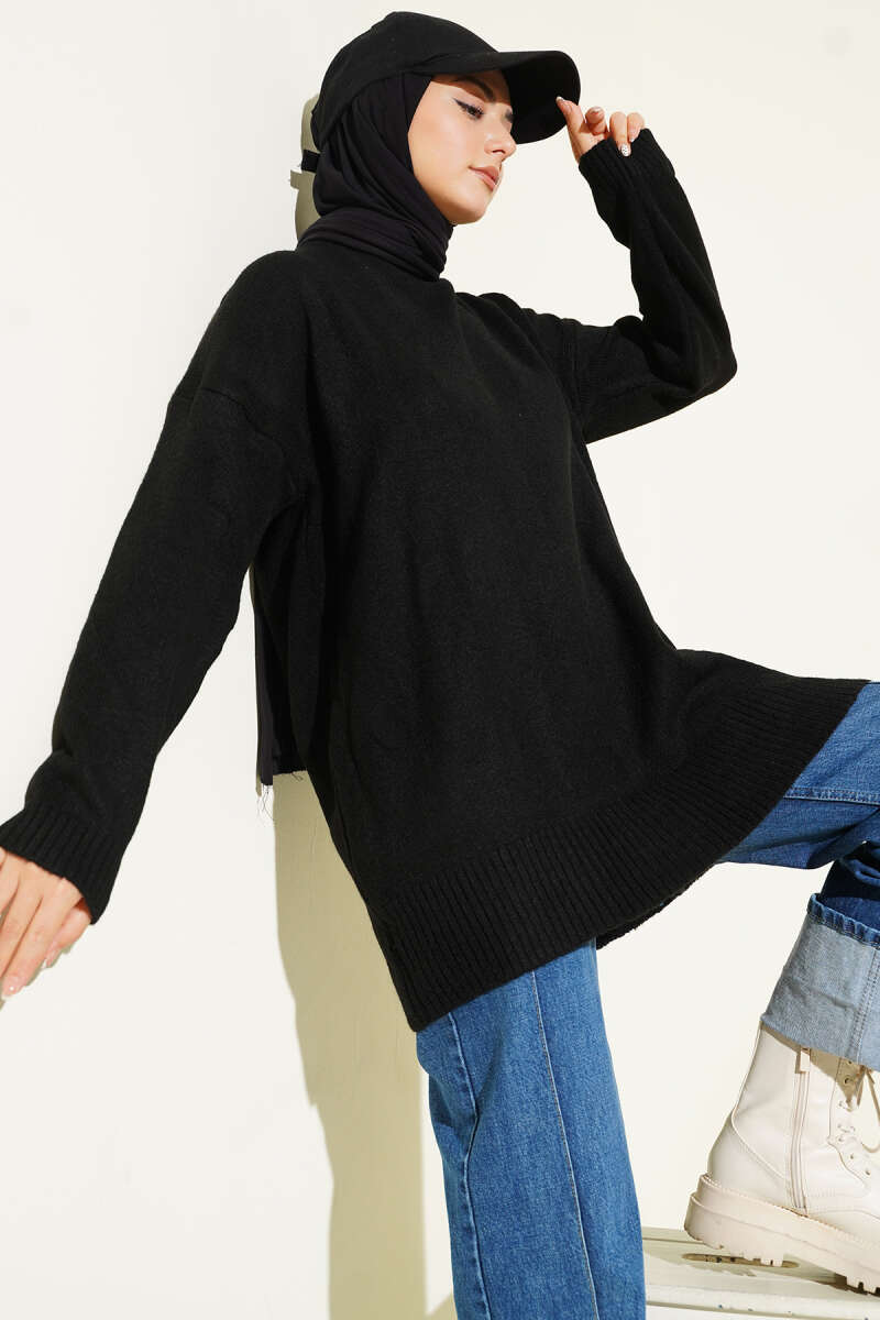 Basic Loose Drop-Shoulder Knit Tunic - Black