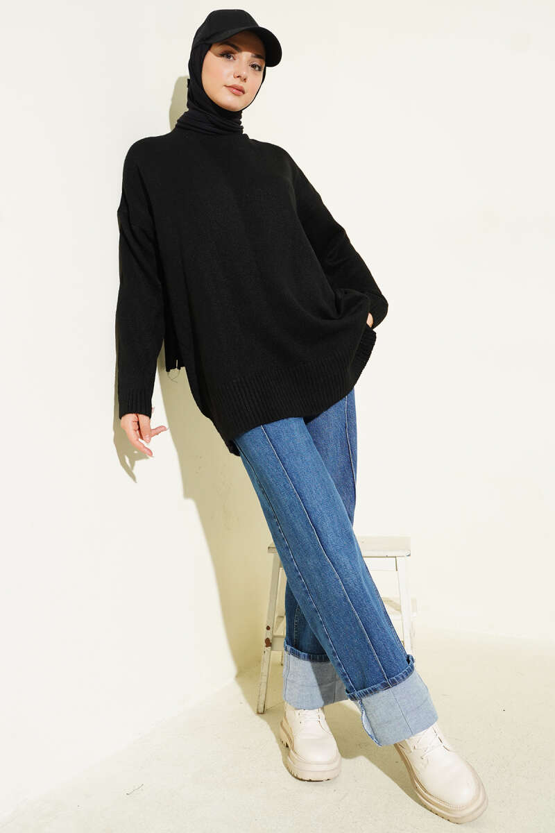 Basic Loose Drop-Shoulder Knit Tunic - Black