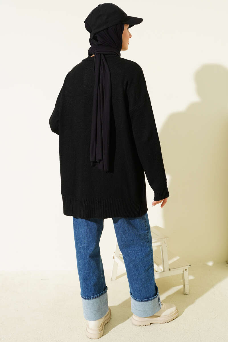 Basic Loose Drop-Shoulder Knit Tunic - Black