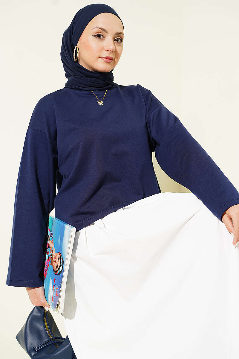 Basic Wide-Sleeve Blouse - Navy