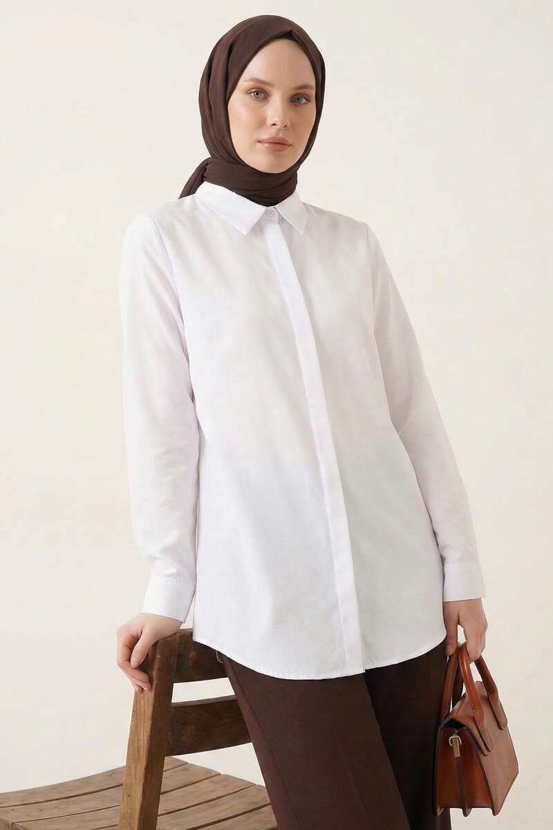 Basic Shirt with Concealed Buttons - White