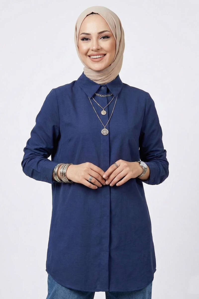 Basic Shirt with Concealed Buttons - Navy