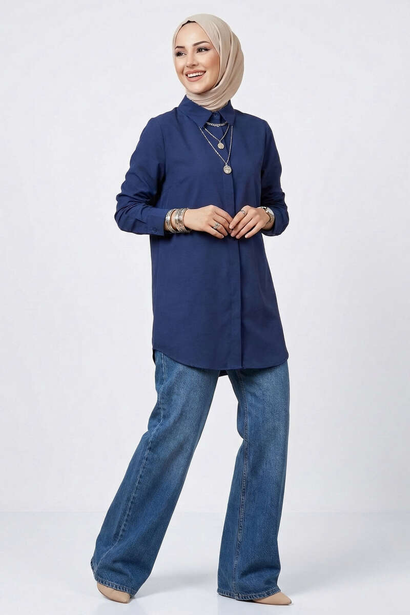 Basic Shirt with Concealed Buttons - Navy