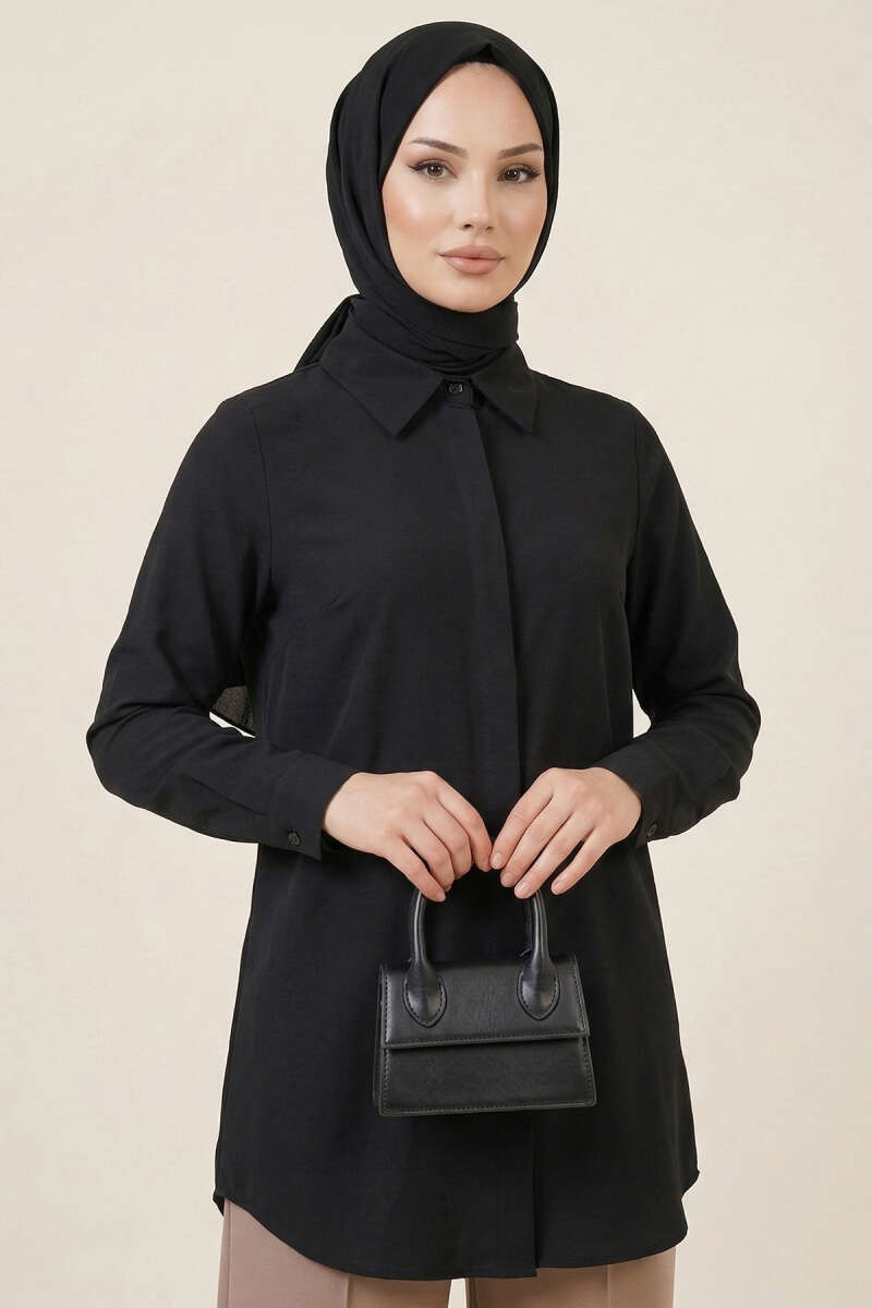 Basic Shirt with Concealed Buttons - Black