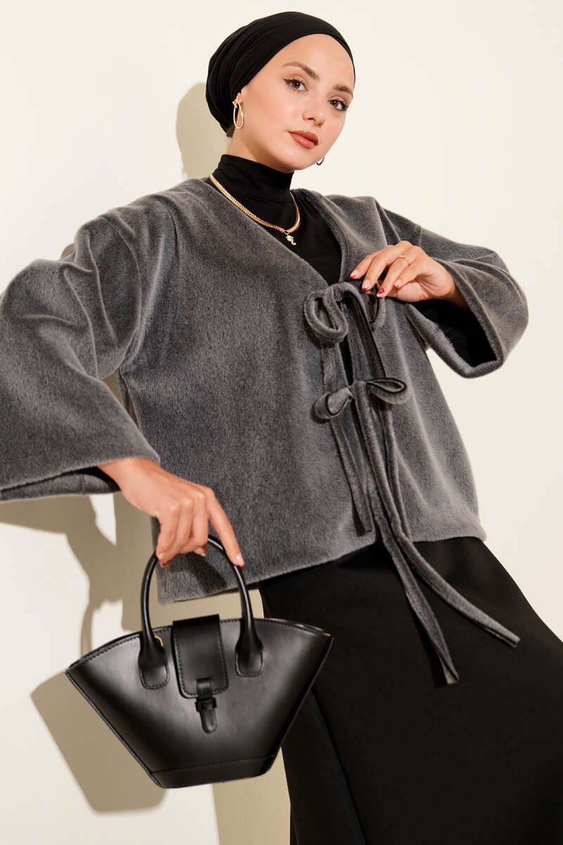 Basic Brushed Jacket with Cord Detail - Grey
