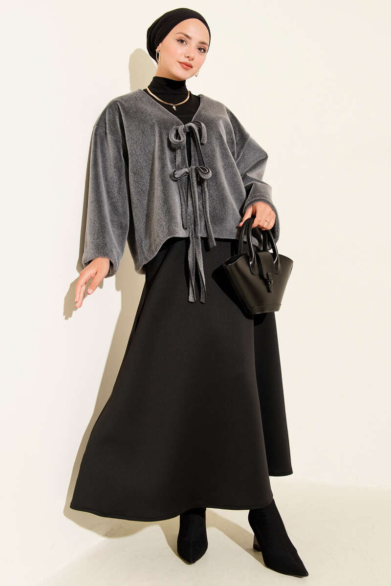 Basic Brushed Jacket with Cord Detail - Grey