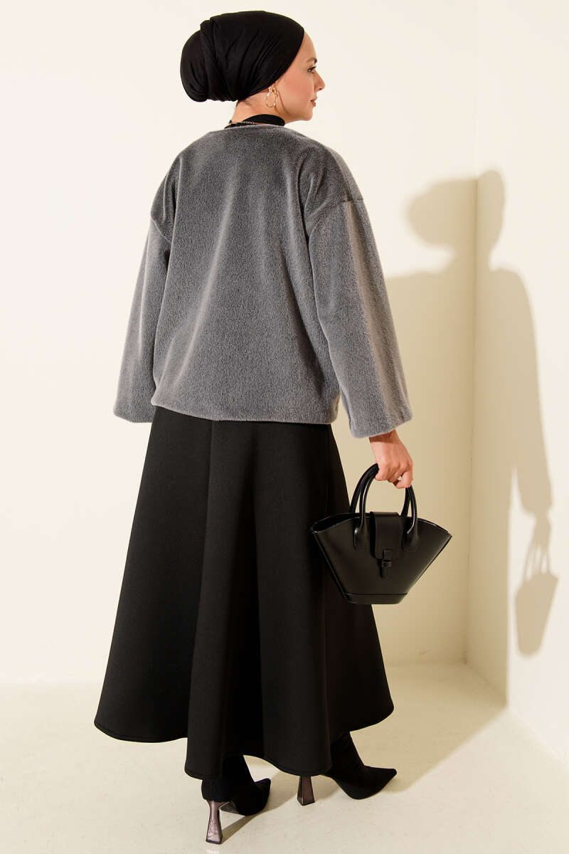 Basic Brushed Jacket with Cord Detail - Grey