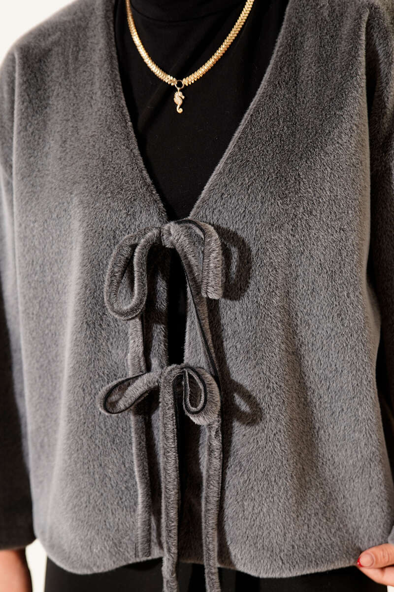 Basic Brushed Jacket with Cord Detail - Grey