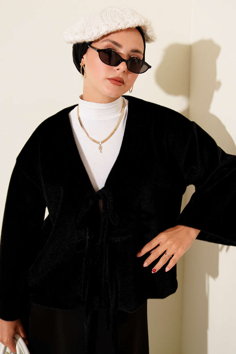 Basic Brushed Jacket with Cord Detail - Black