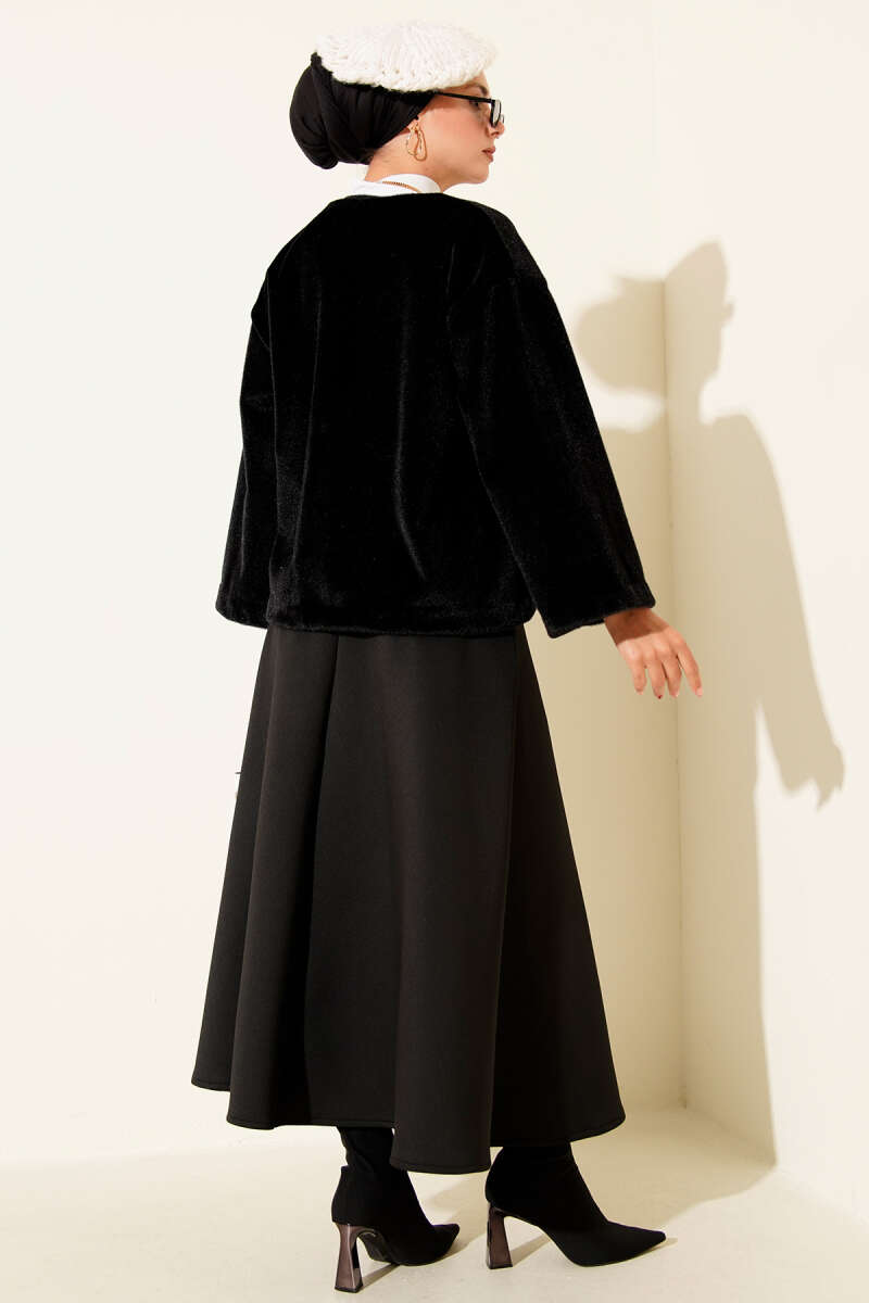Basic Brushed Jacket with Cord Detail - Black