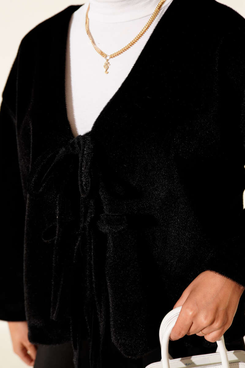 Basic Brushed Jacket with Cord Detail - Black