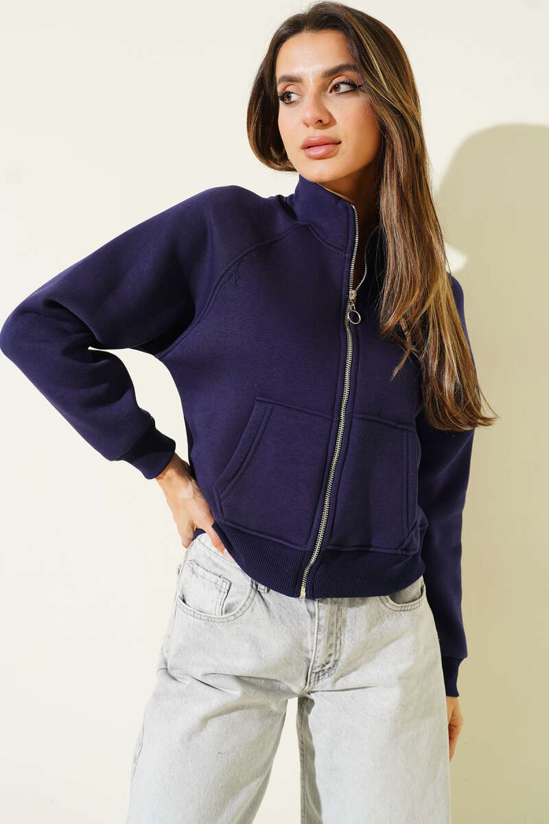 Basic Short Zip-Front Cardigan - Navy