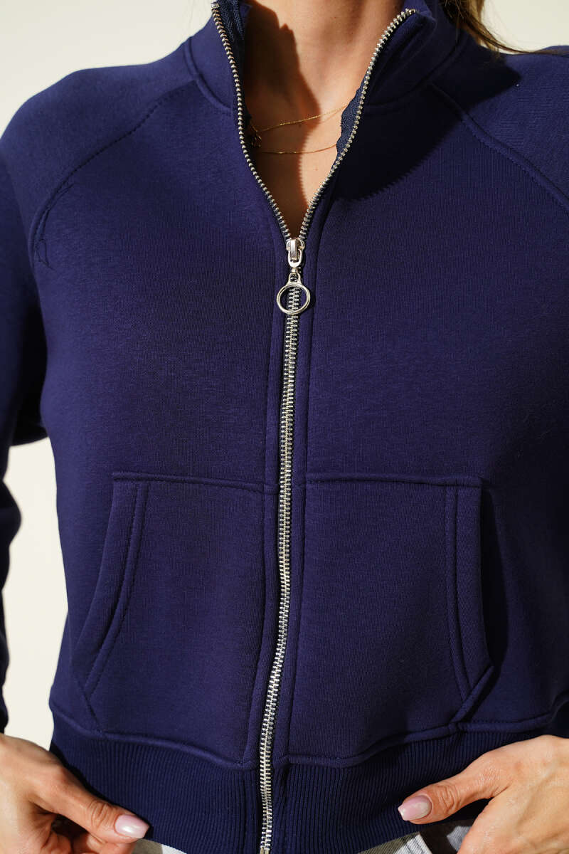 Basic Short Zip-Front Cardigan - Navy