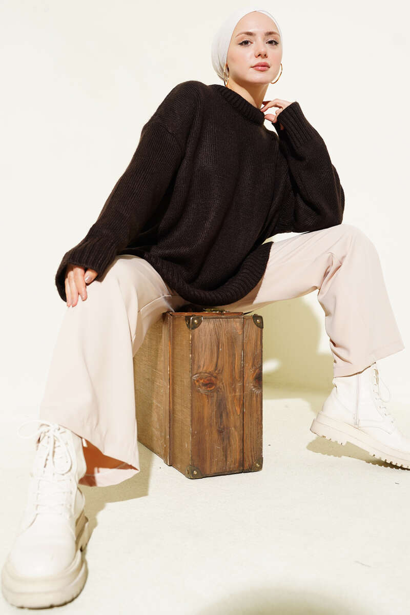 Basic Oversized Knit Tunic - Dark Brown