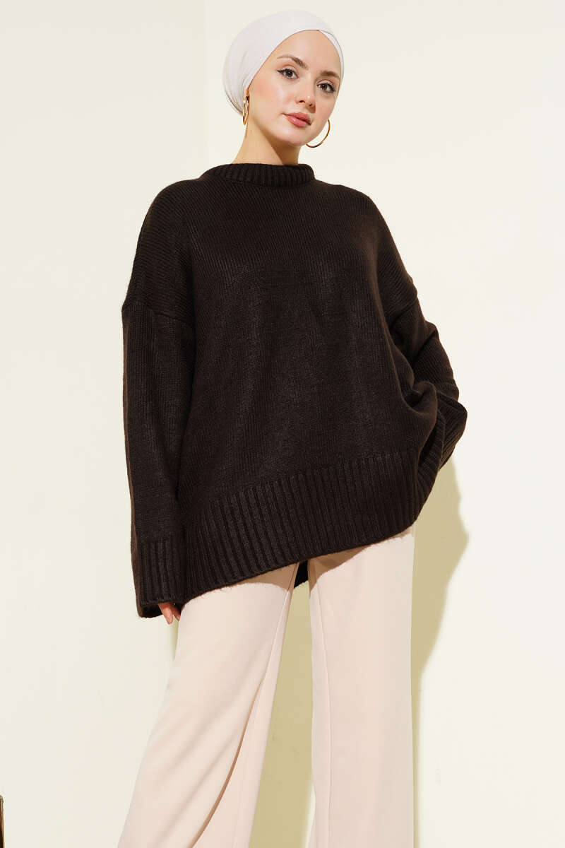 Basic Oversized Knit Tunic - Dark Brown
