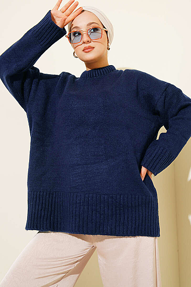 Basic Oversized Knit Tunic - Navy