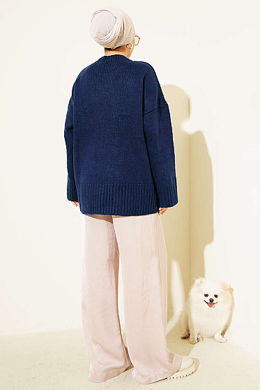Basic Oversized Knit Tunic - Navy