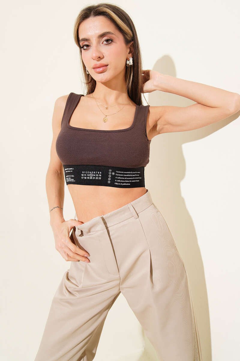 Ribbed Bustier with Print Detail - Brown