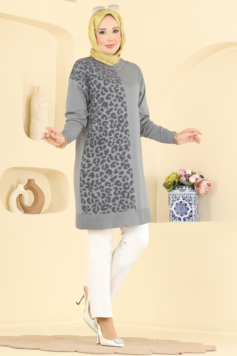 Print-Detail Mercerised Tunic - Grey