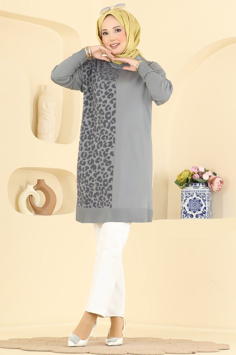 Print-Detail Mercerised Tunic - Grey