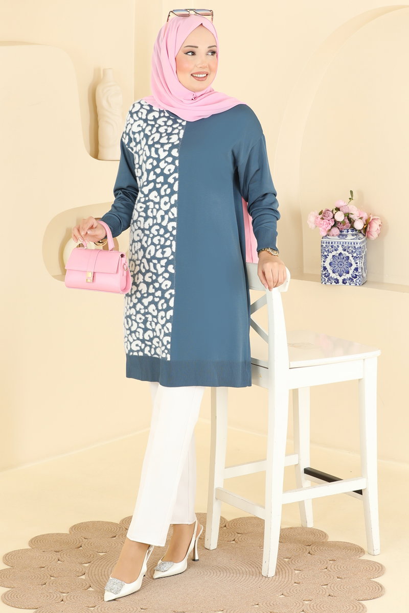 Print-Detail Mercerised Tunic - Indigo