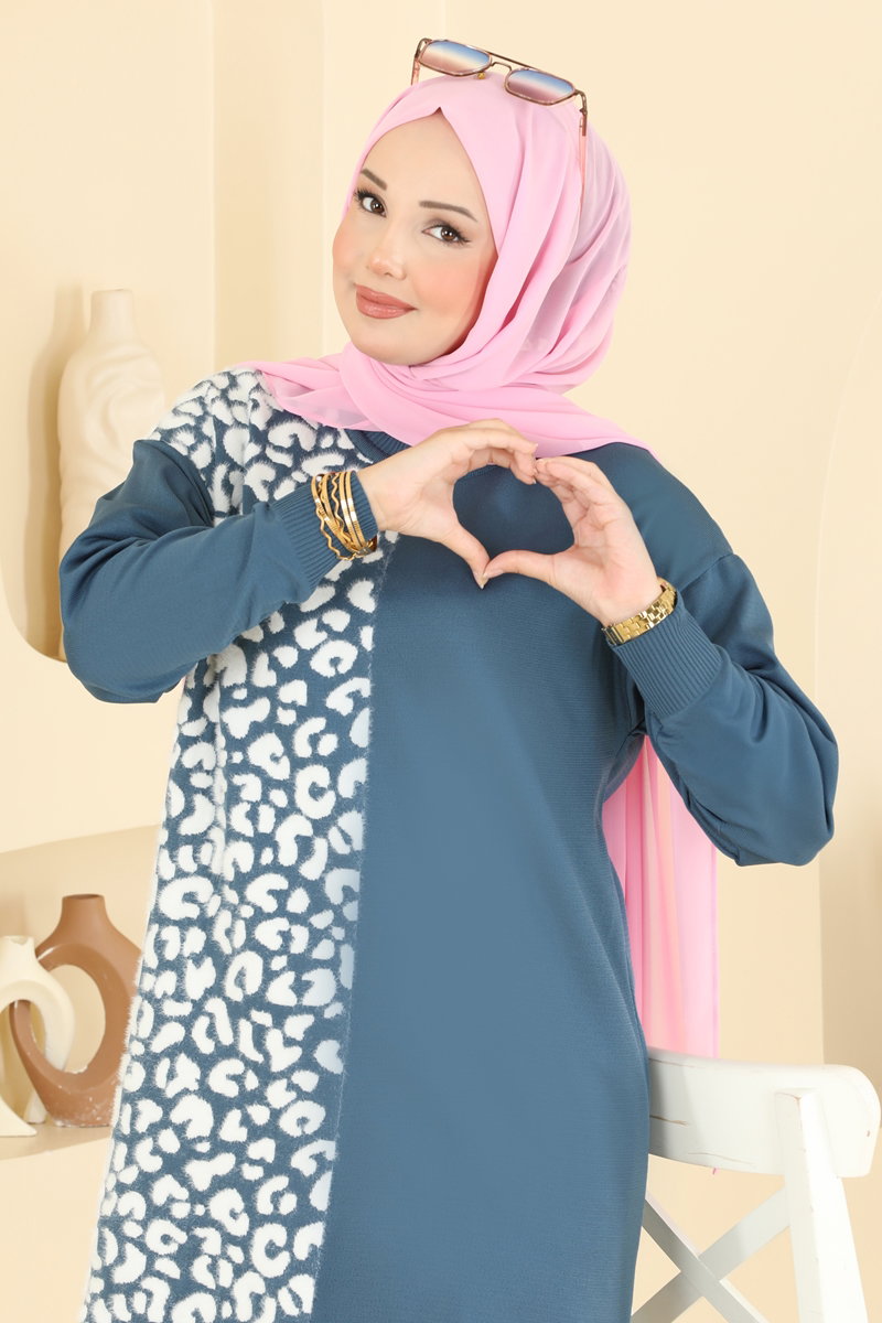 Print-Detail Mercerised Tunic - Indigo