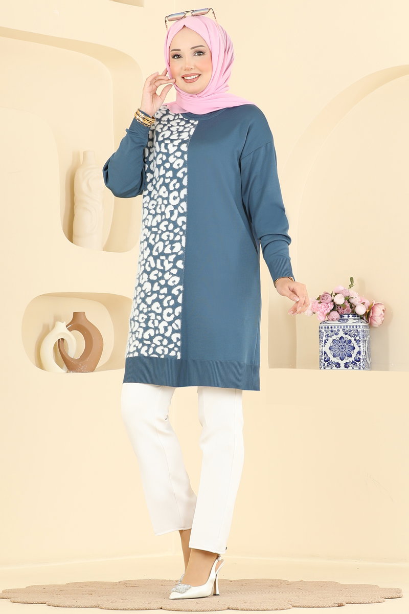 Print-Detail Mercerised Tunic - Indigo