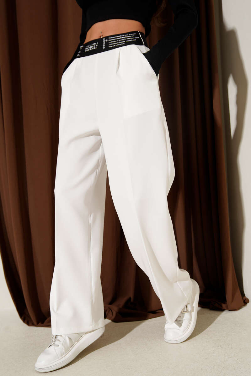 Printed Palazzo Pants with Elastic Waist - Ecru