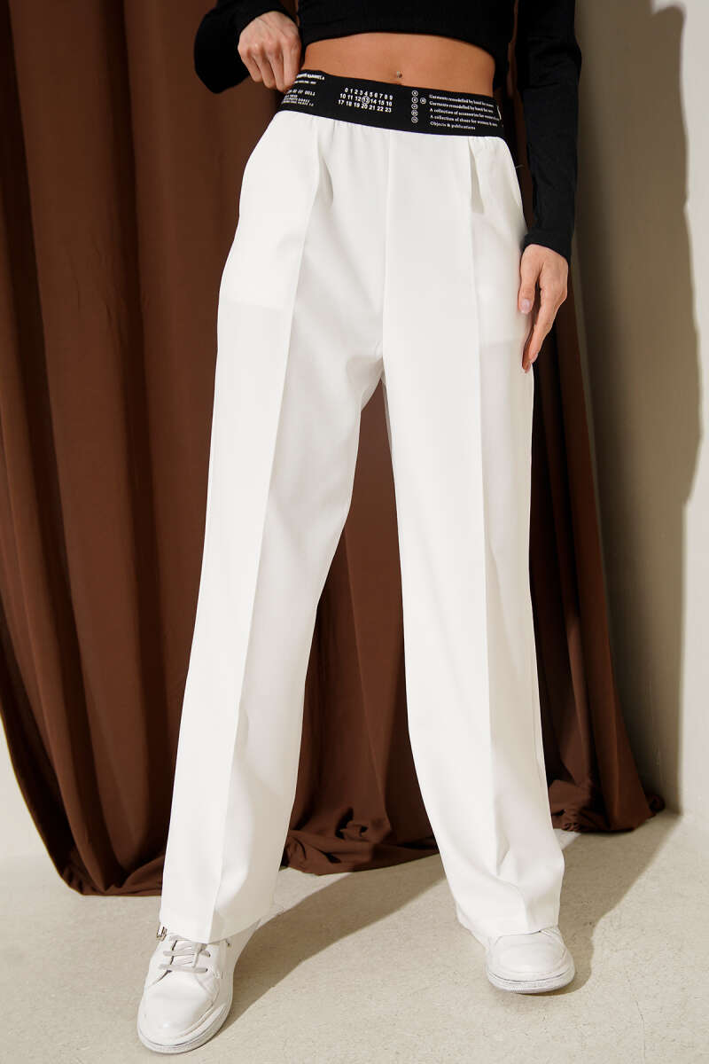 Printed Palazzo Pants with Elastic Waist - Ecru