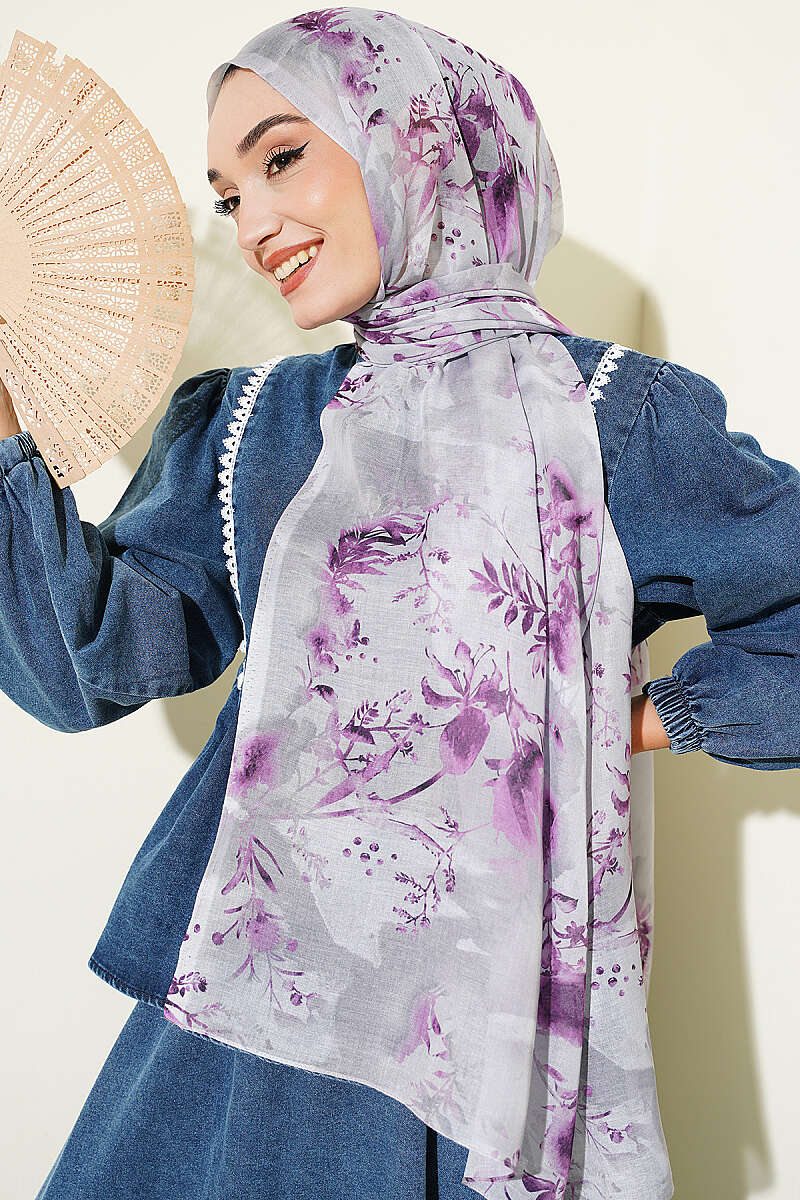 Floral Print Shawl - Grey