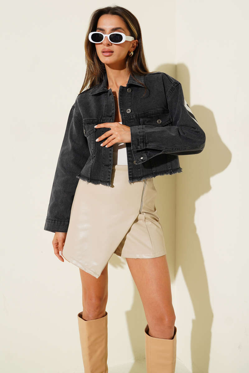 Printed Cropped Denim Jacket - Smoke Grey