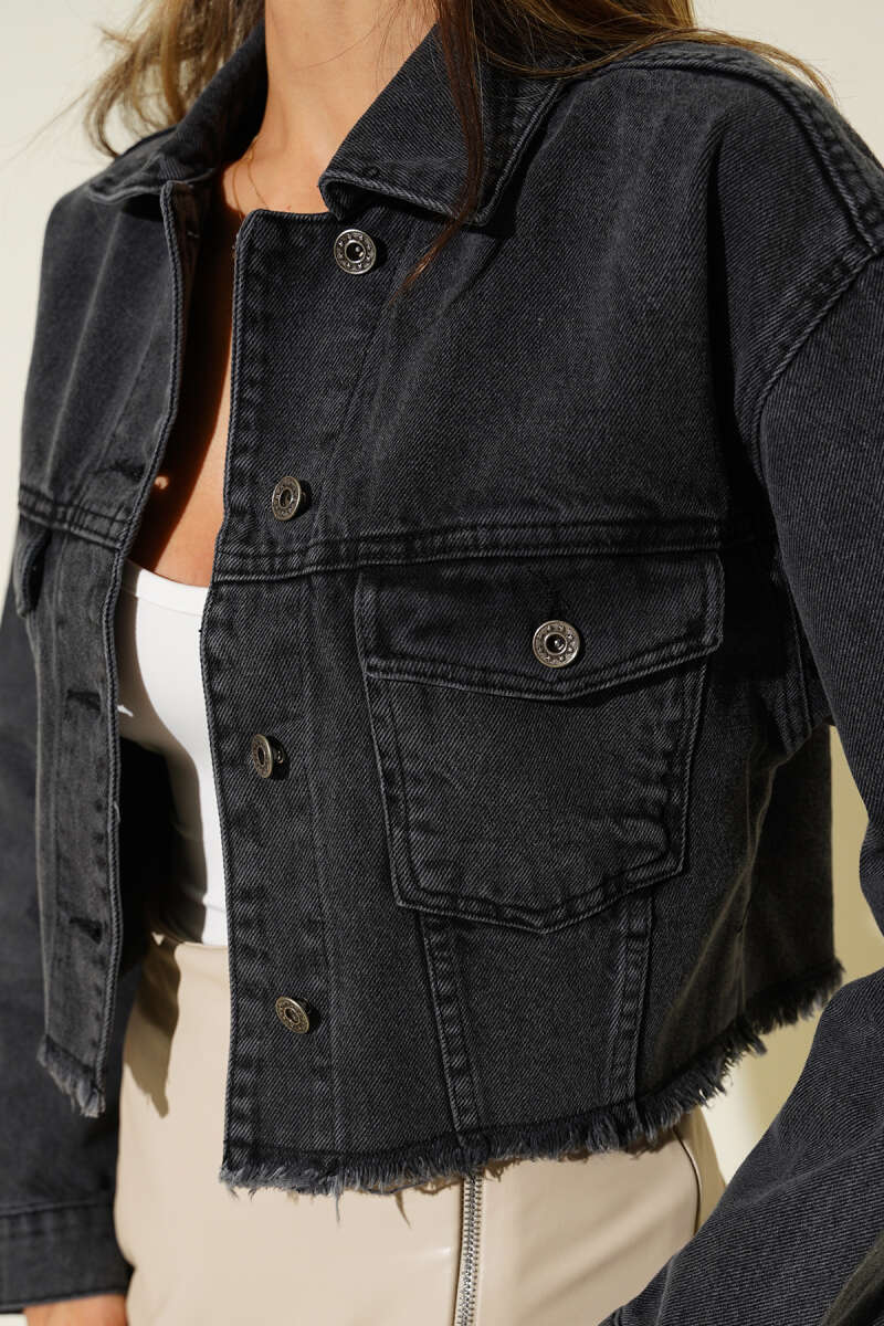 Printed Cropped Denim Jacket - Smoke Grey