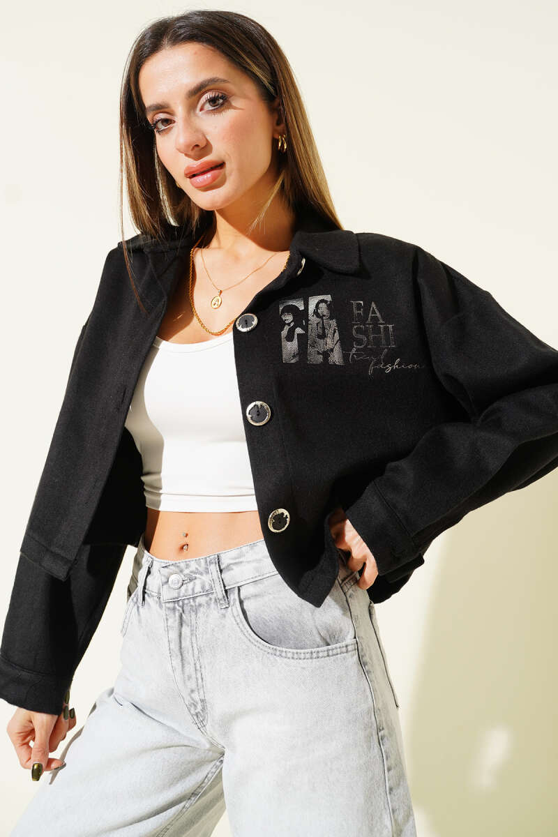 Short Printed Felt Jacket - Black