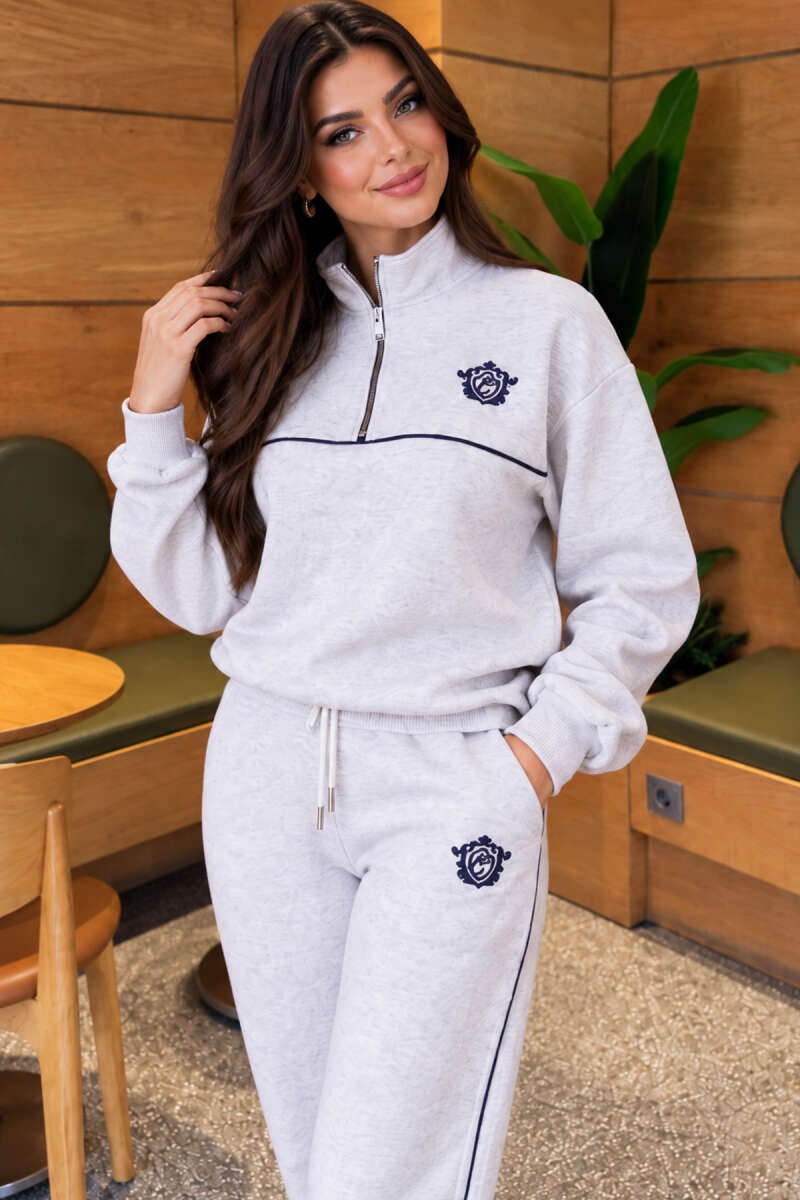 Printed Three-Thread Two-Piece Set with Piping - Heather Grey