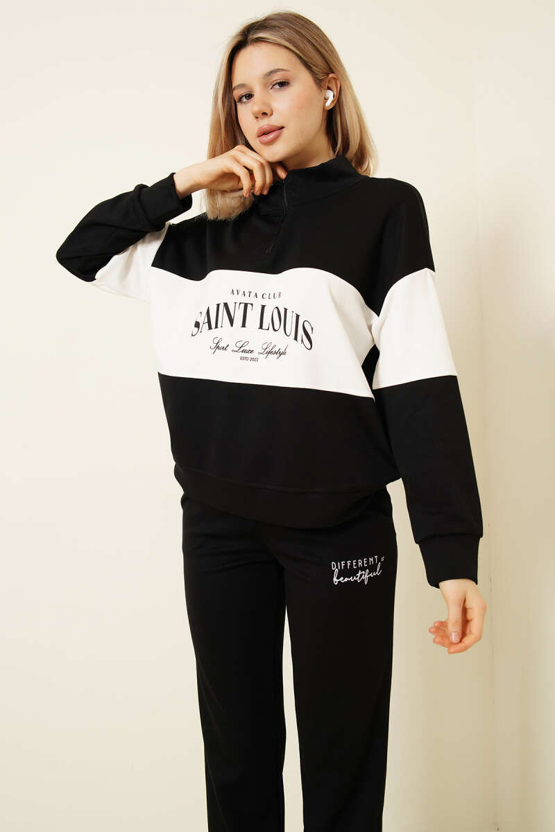 Printed Zip-Collar Sweat Two-Piece Set - Black