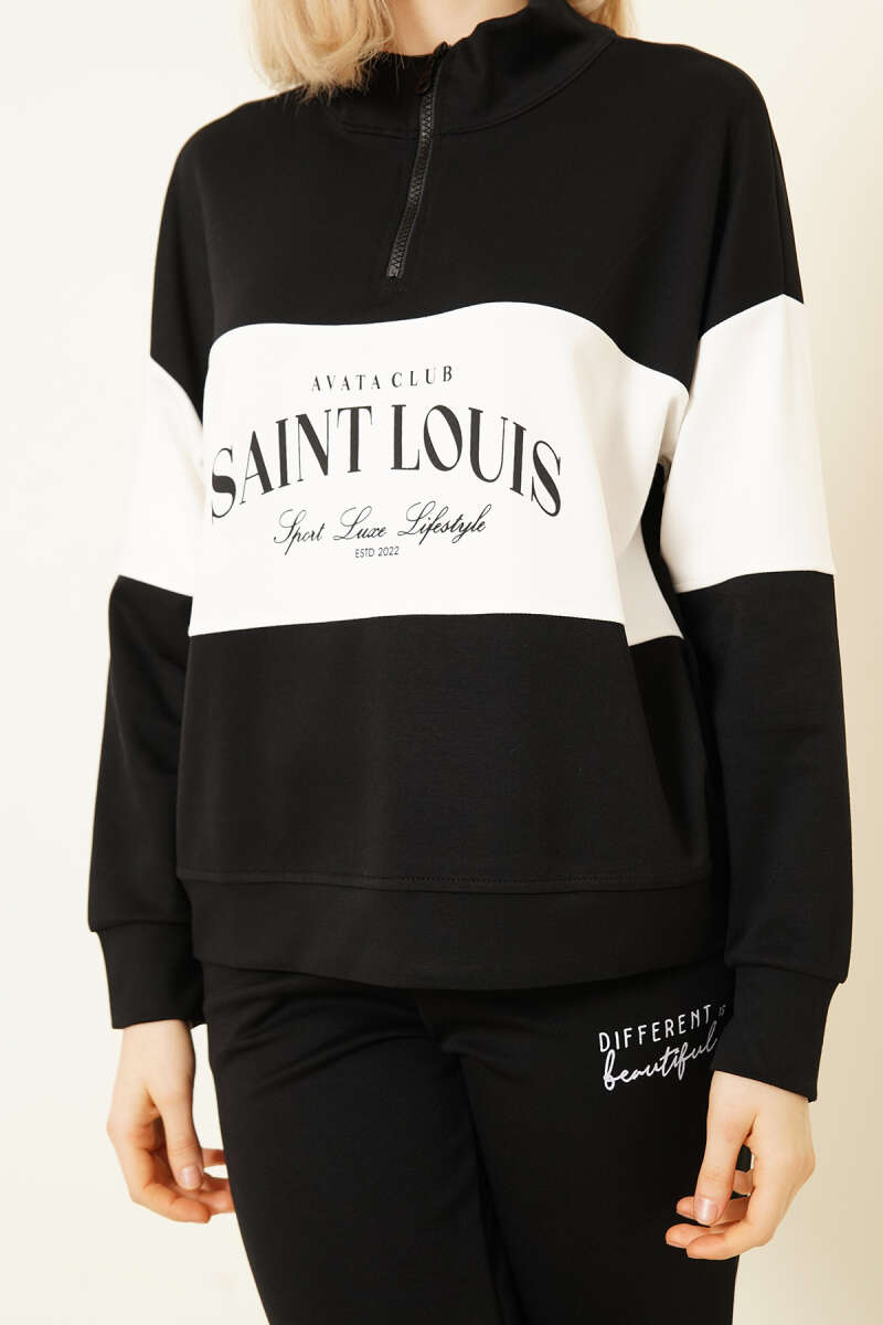 Printed Zip-Collar Sweat Two-Piece Set - Black