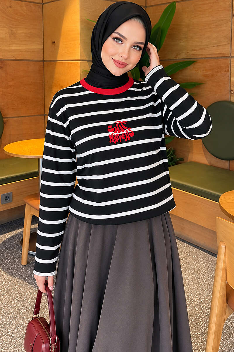 Striped Print Tunic - Black