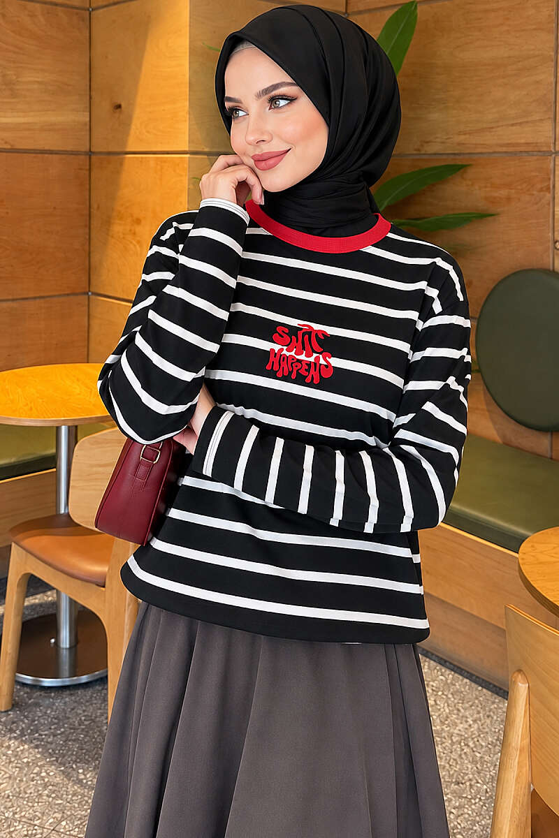 Striped Print Tunic - Black