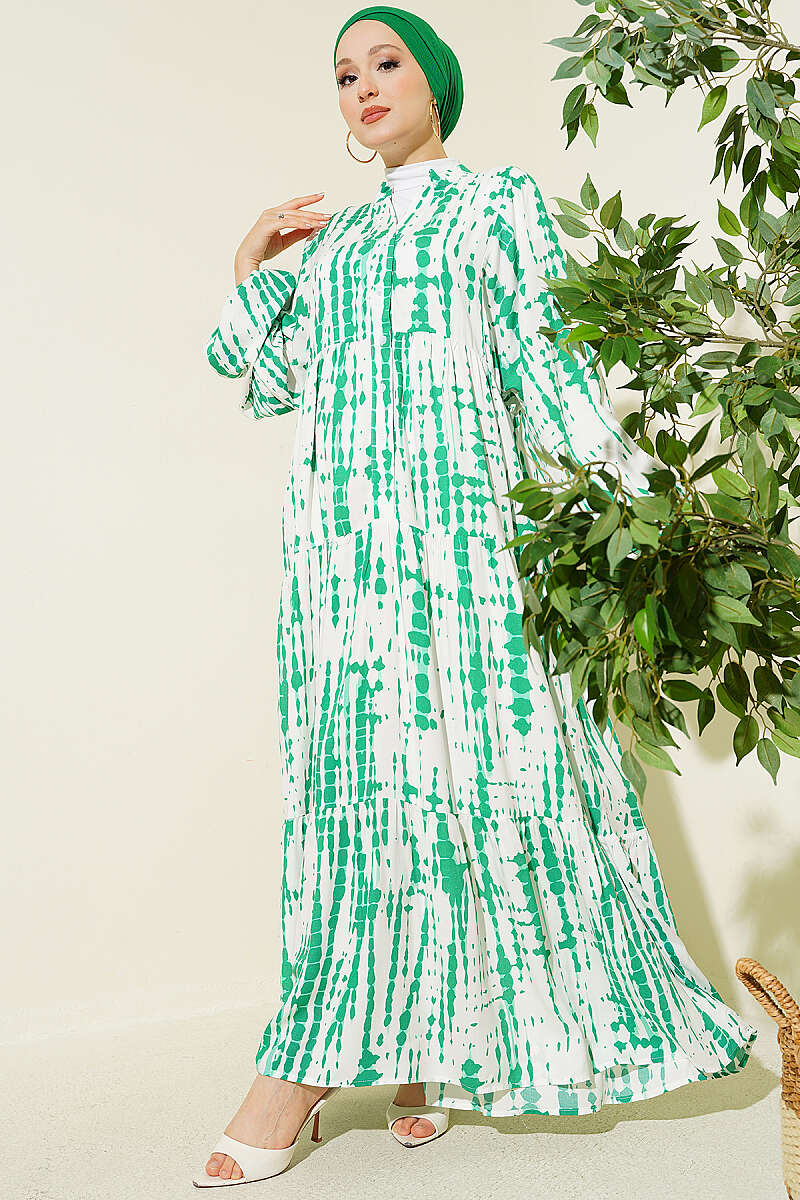 Batik Print Mandarin-Collar Dress - Green