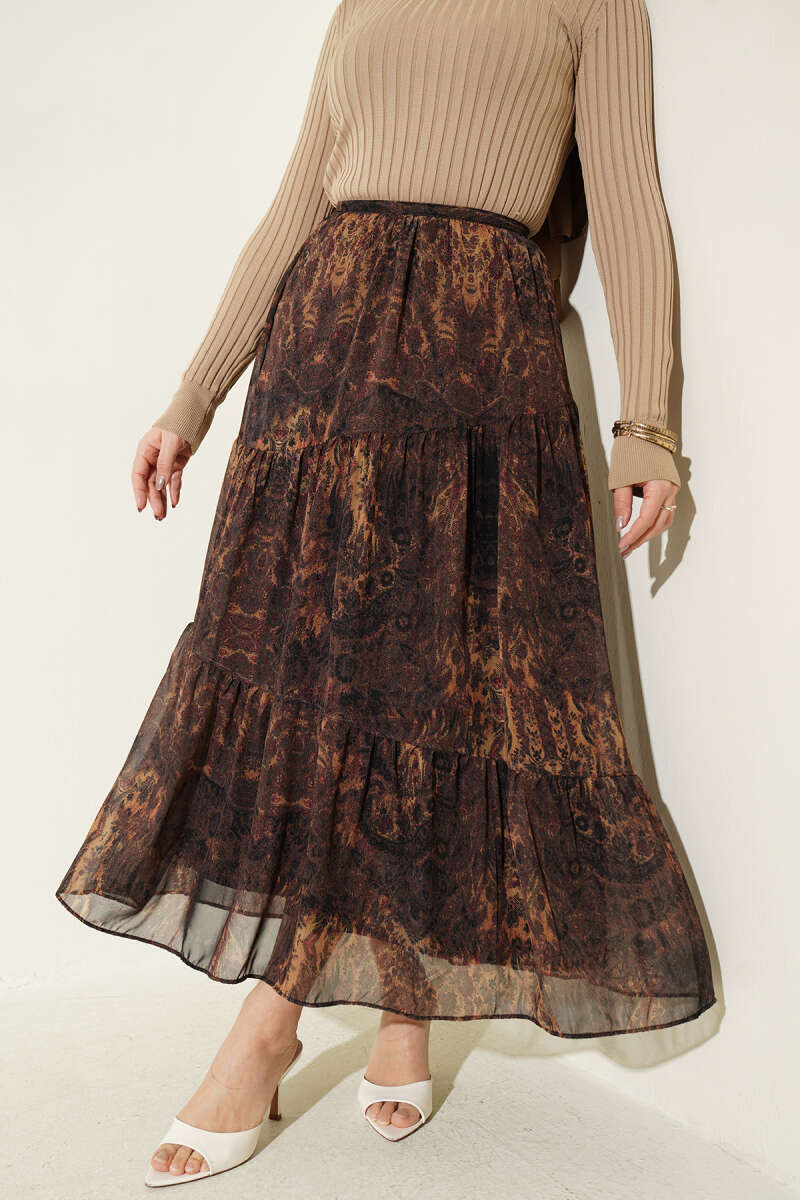 Tiered Batik Print Chiffon Skirt - Mustard